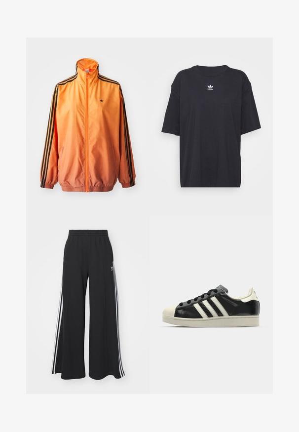 Casaco de pista em gradiente laranja feito de um tecido suave, com detalhes em riscas pretas, gola alta e punhos elásticos, com fecho éclair à frente.; T-shirt de algodão preto com mangas curtas, decote arredondado, apresenta um logótipo branco da Adidas no peito. Design simples, ajuste descontraído.; Calças de suor largas e pretas com uma cintura elástica, apresentando riscas brancas nas laterais e um logótipo bordado na coxa esquerda.; Sapatilha de couro preto com riscas brancas, biqueira de borracha, atacadores pretos e sola na cor creme. Textura suave com acabamento brilhante.