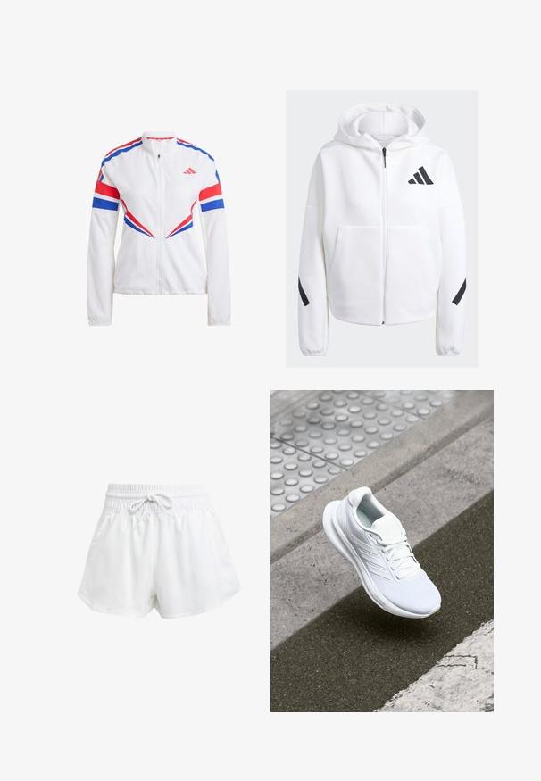 Bala sporta jakas, kas izgatavota baltā krāsā un dekorēta ar zilām un sarkanām akcentiem, ar rāvējslēdzēju priekšpusē, augstu apkakli un iecienītām leņķiskām formām uz piedurknēm un torso.; Balts zip-up džemperis ar melniem akcentiem, lieli priekšējie kabatas, mīksts teksturēts audums un brīvs griezums. Iekļauj kapuci un zīmola logo uz krūšu daļas.; Balts sporta krekls ar īsām piedurknēm, izgatavots no gludas, elastīgas auduma. Uz krūšu ir neliels melns Adidas logo.; Baltas sporta šorts ar elastīgu jostu un regulējamu auklu. Izgatavoti no viegla materiāla, ar sānu kabatām un brīvu piegriezumu.; Balta sporta apava, kas izgatavota no acu materiāla, ar sasaistes dizainu un teksturētu zoli. Redzamas smalkas zīmola detaļas un bezšuvju konstrukcija.