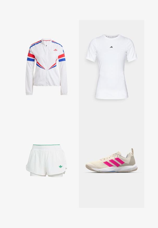 Weiße Sportjacke mit blauen und roten Akzenten, Reißverschluss vorne, hohem Kragen und mutigen, eckigen Mustern an Ärmeln und Torso.; Weißes Sportshirt mit kurzen Ärmeln, aus glattem, dehnbarem Stoff. Mit kleinem schwarzem Adidas-Logo auf der Brust.; Weiße sportliche Shorts mit einem geschichteten Design, elastischem Bund, grünen Akzenten und einem kleinen grünen Logo auf der unteren linken Seite.; Beige Sportsschuh mit pinkem Dreistreifen-Logo, strukturiertem Mesh-Obermaterial, gepolstertem Schaft und weißer Gummisohle, mit "LIGHTSTRIKE"-Branding.