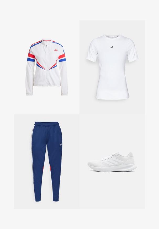 Weiße Sportjacke mit blauen und roten Akzenten, Reißverschluss vorne, hohem Kragen und mutigen, eckigen Mustern an Ärmeln und Torso.; Weißes Sportshirt mit kurzen Ärmeln, aus glattem, dehnbarem Stoff. Mit kleinem schwarzem Adidas-Logo auf der Brust.; Marineblaue Jogginghosen mit weißen Seitenstreifen, elastischem Bund und roten Akzenten am Saum. Aus glattem, leichtem Stoff gefertigt.; Weiße Sportschuhe aus Mesh-Material, mit einem schlanken Design, runder Spitze, stabiler Ferse und drei Streifen an der Außenseite.