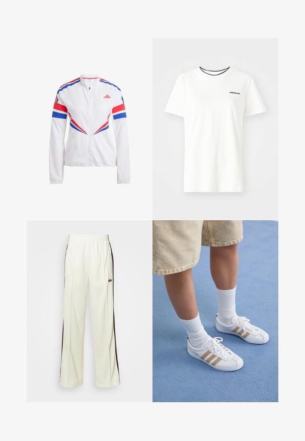 Bílá sportovní bunda s modrými a červenými akcenty, zapínání na zip, vysoký límec a výrazné úhlové vzory na rukávech a trupu.; Bílý bavlněný tričko s krátkými rukávy a kulatým výstřihem. Má černé logo Adidas na hrudi a kontrastní černý vnitřní límeček.; Krémové tepláky s uvolněným střihem, se šněrováním v tmavě hnědé barvě na bocích a vyšitým logem na levém stehně.; Bílé tenisky se třemi zlatými pruhy, šněrovací design, gumová podrážka, nošeny s žebrovanými bílými ponožkami a béžovými kraťasy na modrém povrchu.