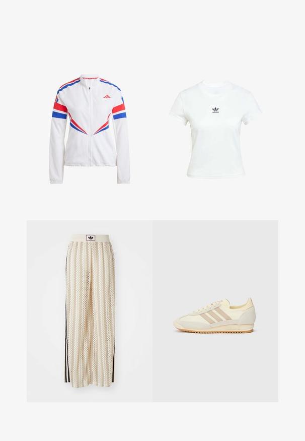 Witte sportjack met blauwe en rode accenten, rits aan de voorkant, hoge kraag en gedurfde hoekige patronen op de mouwen en het torso.; Witte katoenen T-shirt met korte mouwen en een ronde hals. Voorzien van een zwart Adidas-logo op de borst. Eenvoudig, minimalistisch ontwerp.; Crème kleurige wijde broek met een zigzagpatroon, met een zwarte logo tailleband en zij zwarte strepen. Lichtgewicht, gestructureerde stof.; Crème sport sneaker met drie beige strepen, suède en textielmaterialen, een gestructureerde zool en geperst logo op de hiel.