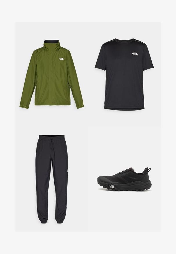 Olivnozeleni vodoodporni jopič z visokim ovratnikom, dolgimi rokavi in embosiranim logotipom na levem prsnem delu. Ima zadrge na žepih in nastavljive manšete.; Črna kratkosleevena majica iz lahkotnega materiala. Ima majhen bel logo na levem prsnem delu in diskretne poudarke na ramenskem predelu.; Črne atletske hlače iz lahkega materiala, ki imajo elastični pas z vezalko, stranske žepe in zožene manšete na gležnjih.; Črne tekaške čevlje za trail s teksturirano zgornjega dela, gumijastim podplatom in ojačanim zaključkom prstov. Vključuje oblazinjen ovratnik in zanko za enostavno obuvanje.