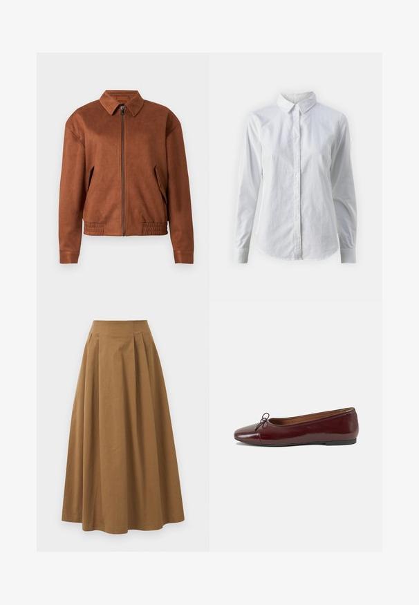 Rjava semiš jakna z zadrgo in ovratnikom, dolgimi rokavi, elastičnim robom in žepi z ušesci na vsaki strani na beli podlagi.; Bela srajca z gumbki, narejena iz gladkega bombaža, s klasičnim ovratnikom, dolgimi rokavi in ukrivljenim robom. Gumbi so majhni in beli.; Rjava bombažna A-linijska krila z visokim pasom, ki vključuje naborke spredaj in gladko teksturo. Robovi so čisti in preprosti.; Burgundska patenti usnjeni baletni čevlji z zaobljenim prstom, majhnim lokom na sprednji strani in nizkim črnim gumijastim podplatom. Gladka tekstura.