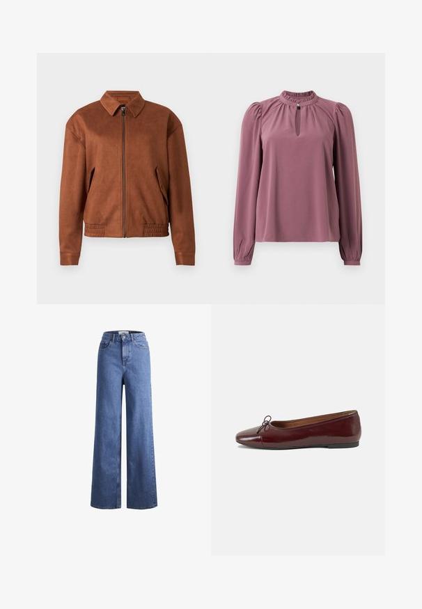 Veste zippée en daim marron avec un col, des manches longues, un ourlet élastique et des poches à rabat de chaque côté sur un fond blanc.; Blouse mauve à manches longues avec col froncé, encolure à clef avec fermeture à bouton et épaules légèrement bouffantes.; Jean large en denim bleu clair avec taille haute, deux poches avant et coutures visibles. Fermeture à bouton et à zip.; Ballerines en cuir verni bordeaux avec un bout rond, un petit nœud décoratif à l'avant et une semelle en caoutchouc noire basse. Texture lisse.