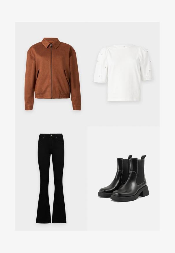 Jaqueta de camurça castanha com fecho de correr, colarinho, mangas longas, barra elástica e bolsos de aba de cada lado, em fundo branco.; T-shirt branca de algodão com mangas puff curtas, apresentando pequenos embellissements prateados ao longo das mangas. Decote redondo clássico, corte descontraído.; Jeans pretos de cintura alta com fecho de botão e zíper, bolsos frontais e pernas largas dispostos em cima de um fundo branco.; Botas Chelsea em couro preto com um salto grosso, painéis laterais elásticos e costura branca em contraste. Acabamento texturizado.