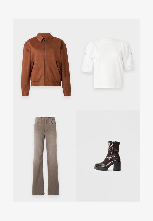 Chaqueta de ante marrón con cremallera, cuello, mangas largas, bajo elástico y bolsillos con solapa a cada lado, sobre un fondo blanco.; Camiseta de algodón blanca con mangas cortas tipo globo, que presenta pequeños adornos plateados en las mangas. Cuello redondo clásico, corte holgado.; Jeans de pierna recta de talle alto color marrón con botón frontal, trabillas para el cinturón y diseño clásico de cinco bolsillos sobre un fondo blanco.; Botín burdeos brillante hasta el tobillo con un tacón negro grueso, que presenta una textura suave y un diseño sencillo. Sin cierres ni patrones visibles.