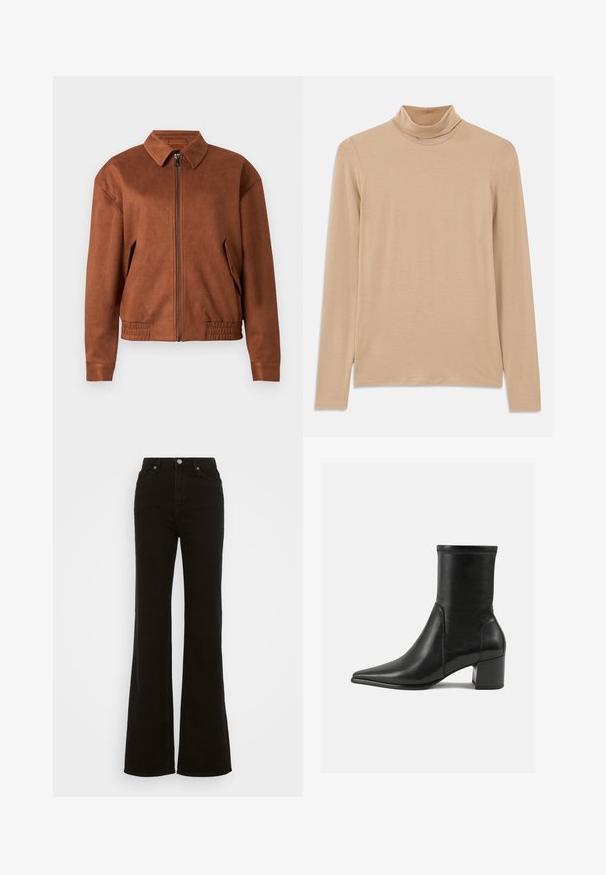 Braune Wildleder-Jacke mit Reißverschluss, Kragen, langen Ärmeln, elastischem Saum und Klapptaschen auf jeder Seite vor weißem Hintergrund.; Beige Langarm-Turtleneck-Oberteil aus weichem, strukturiertem Stoff; hat eine schmale Passform und einen hohen Kragen. Keine sichtbaren Muster oder Beschläge.; Hoch taillierte schwarze Schlagjeans aus Denim, mit Knopfverschluss, seitlichen Taschen und glatter Textur.; Schwarze Knöchelstiefel aus glattem Leder, mit spitzem Zehenbereich, einem Blockabsatz und markanten, raised stitching am oberen Rand.