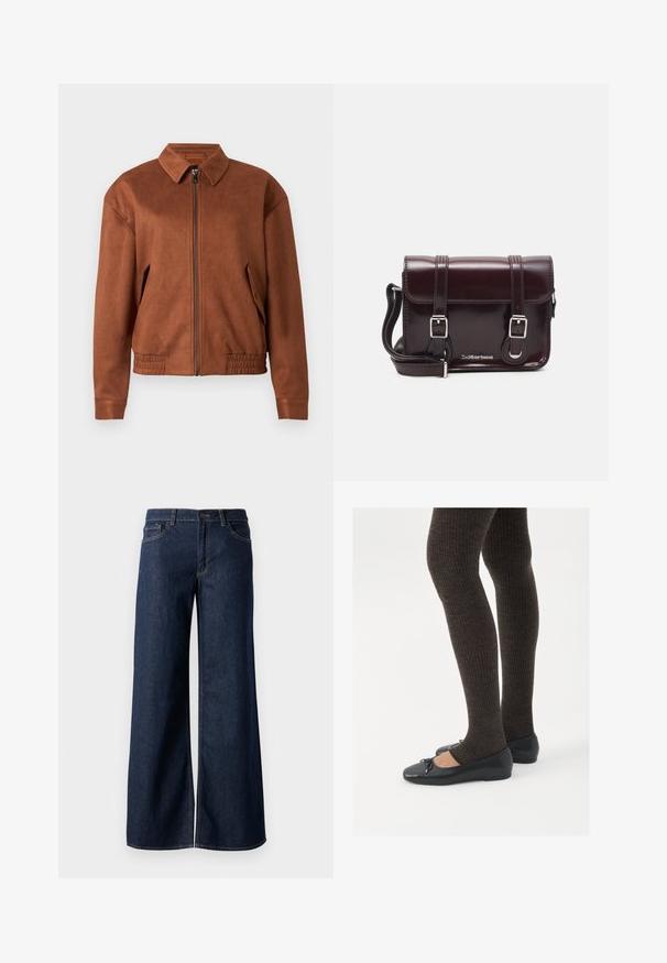 Pruunist sueded nahast lukuga jakk, millel on krae, pikad varrukad, elastne sisekant ja klapiga taskud mõlemal küljel valge tausta ees.; Valge pika varrukaga särk, valmistatud ribakanga iseloomuga, ümmarguse kaelusega ning ees olevate kuue läbipaistva nupuga.; Laiad teksad tumesinises denimis. Omab kontrastõmblusi, viit taskut ja nupukinnitust vööl. Sile tekstuur.; Mustad mustad kingad väikese teksaga varvaste juures, koos tumedate pruunide ribakangastega. Kingadel on sile tekstuur ja madal profiil.; Burgundi värvi patendiga nahast risti koti, millel on ristkülikuline kuju, kaks rihma, hõbedased detailid ja klapi sulgur.