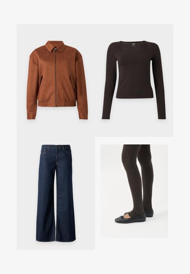 Braune Wildleder-Jacke mit Reißverschluss, Kragen, langen Ärmeln, elastischem Saum und Klapptaschen auf jeder Seite vor weißem Hintergrund.; Schwarzes, langärmliges, figurbetontes Oberteil mit quadratischem Ausschnitt, gekennzeichnet mit GAP, vor einem weißen Hintergrund präsentiert.; Weite Jeans in dunkelblauem Denim. Merkmale sind kontrastierende Nähte, fünf Taschen und ein Knopfverschluss an der Taille. Glatte Textur.; Schwarze flache Schuhe mit einem kleinen Schleifendetail an der Zehe, kombiniert mit dunkelbraunen gerippten Strumpfhosen. Die Schuhe haben eine glatte Textur und ein niedriges Profil.