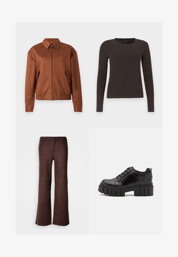 Braune Wildleder-Jacke mit Reißverschluss, Kragen, langen Ärmeln, elastischem Saum und Klapptaschen auf jeder Seite vor weißem Hintergrund.; Braunes, langärmliges, geripptes Oberteil mit Rundhalsausschnitt. Hergestellt aus einem glatten, dehnbaren Material, mit einer taillierten Silhouette und minimalen Details.; Braune, ausgestellte Hosen aus einem weichen, samtartigen Stoff. Verfügt über vier Taschen, einen Knopfverschluss und eine glatte, strukturierte Oberfläche.; Schwarze Lederplateauschuhe mit klobigem Blockabsatz, runder Zehenpartie und traditionellem Schnürdesign. Verfügt über eine glatte Textur und minimale Details.