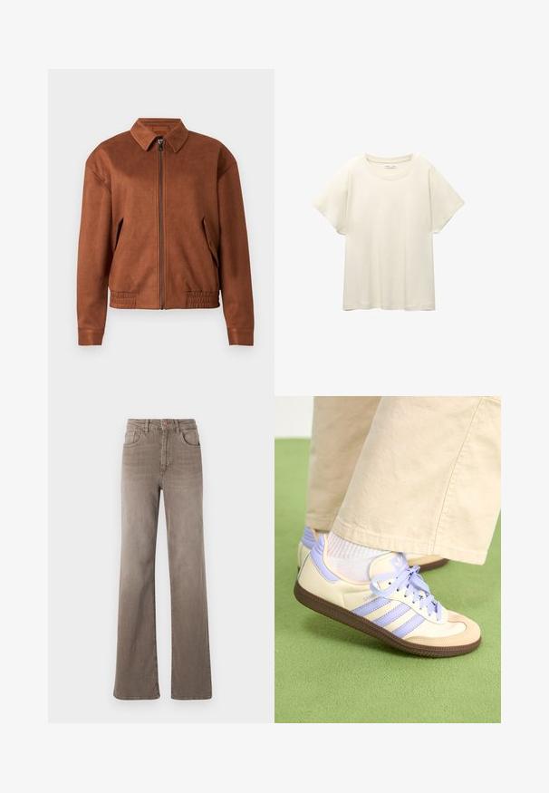 Braune Wildleder-Jacke mit Reißverschluss, Kragen, langen Ärmeln, elastischem Saum und Klapptaschen auf jeder Seite vor weißem Hintergrund.; Helles beige T-Shirt mit kurzen Ärmeln und Rundhalsausschnitt, aus weichem, glattem Stoff gefertigt. Verfügt über eine lockere Passform und einen geraden Saum.; Braune hoch taillierte Straight-Leg-Jeans mit vorderem Knopf, Gürtelschlaufen und klassischem Fünf-Taschen-Design auf weißem Hintergrund.; Cremefarbene und lavendelfarbene Sneakers mit drei Streifen und einer strukturierten braunen Sohle, ausgestattet mit Schnürsenkeln und einer gepolsterten Ferse. Obermaterial aus weichem Stoff.