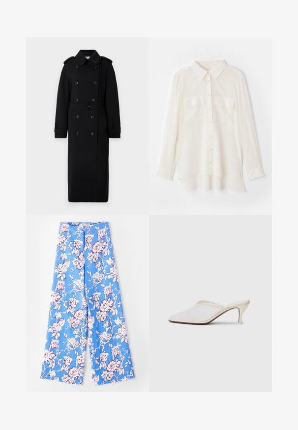 Hosszú fekete trench kabát, puha, texturált szövetből készült. Két soros gombokkal, övvel ellátott derékkal és vállapokkal rendelkezik.; Könnyű anyagból készült fehér gombos ing. Klasszikus gallérral, két mellzsebbel, és enyhén hosszabb hátsó szegéllyel rendelkezik.; Kék virágmintás nadrág, amely pasztell rózsamintával van díszítve. Az anyag sima, laza szabású, széles lábú, és rugalmas derékpánttal rendelkezik.; Fehér hálós, hegyes orrú mules cipő, vékony, középmagas sarkával és slip-on kialakításával, egyszerű háttér előtt.