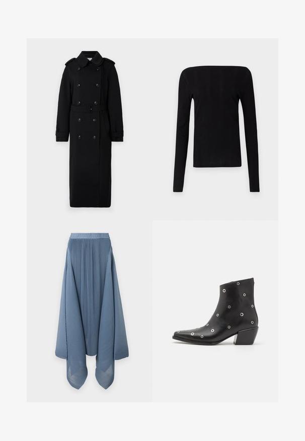 Langer schwarzer Trenchcoat aus einem weichen, strukturierten Stoff. Verfügt über eine doppelte Knopfleiste, eine taillierte Taille und Schulterklappen.; Schwarzes langärmliges Oberteil mit geradem Ausschnitt und geripptem Material, das eine figurbetonte Silhouette hat und keine sichtbaren Beschläge oder Verzierungen aufweist.; Henrik Vibskov Faltenrock - blue; Schwarze Leder-Ankle-Boots mit silbernen Ösen-Details, spitzer Zehenform und Blockabsatz. Schickes Design mit glatter Textur.