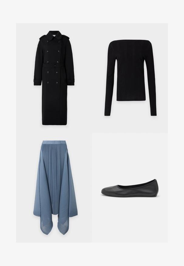 Abrigo largo negro hecho de una tela suave y texturizada. Presenta botones de doble botonadura, una cintura ceñida con cinturón y hombreras.; Top negro de manga larga con escote recto y textura acanalada, que presenta una silueta ajustada y sin herrajes o acentos visibles.; Henrik Vibskov Falda plisada - blue; Bailarina de piel negra con punta redondeada, textura suave, detalle de costura minimalista y diseño de suela flexible.