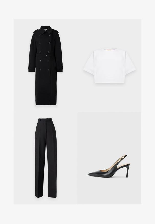 Garšs melns tranšeju mētis, kas izgatavots no mīksta, teksturēta auduma. Iekļauj divus rinda pogas, jostu ap vidu un plecu epauletus.; Izgriezta balta T-krekla no mīksta auduma, ar īsām piedurknēm, apaļu apkakli un ribota apakšmala. Vienkāršs un neizpušķots dizains.; Melni augstās jostas bikses ar griezumiem, ar pielāgotu dizainu un taisnām kājām. Izgatavotas no gludas auduma, ar minimālu dekorāciju.; Melnas ādas sandales ar augstiem papēžiem un norādītu degunu, regulējama josta un elegants stiletto papēdis, kas izceļas ar gludu apdari.