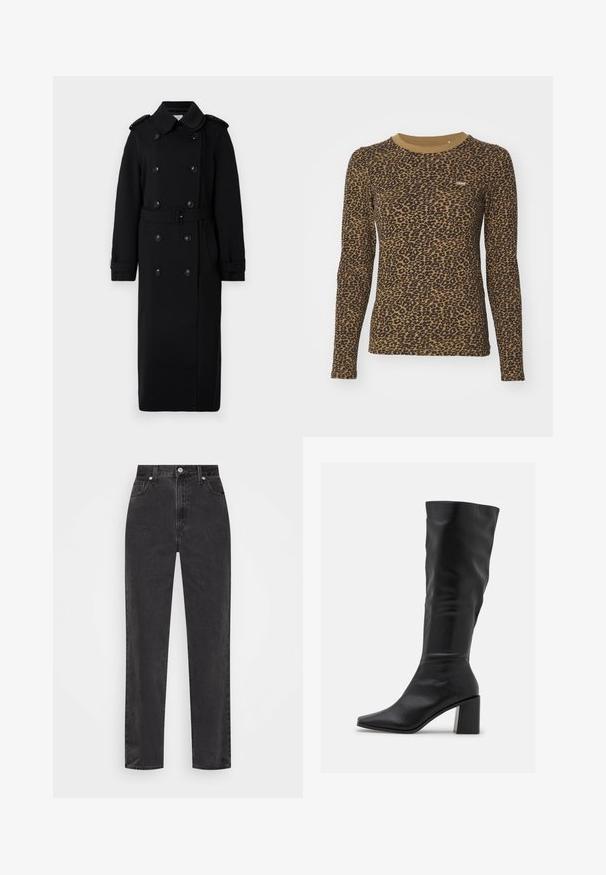 Pikk must trench coat, mis on valmistatud pehmest, tekstuuriga kangast. Omab kahe ridvaga nuppe, vööd ja õlavarre epaulette.; Pruun pikasleevega t-särk, millel on leopardimuster, ümmargune kaelus ja kerge venitus. Ees väike logokleeps.; Sirged mustad teksapüksid kõrge vöökohaga, esi-nupp ja tõmblukk, viie taskuga stiil valgel taustal.; RAID BLICK - Saapad - black