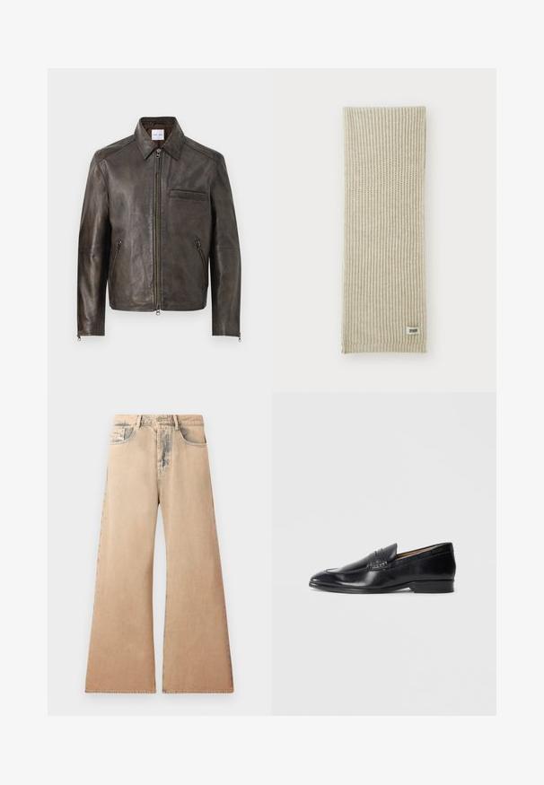 Bruine leren jas met een ritssluiting aan de voorkant, knoopkraag en één borstzak. Bevat ritssluitingen aan de zijzakken en heeft een gladde textuur.; Witte langemouw overhemd van gestructureerde stof, met een klassieke kraag, knopen vooraan en een rechte zoom, met een losse pasvorm.; Beige wijde jeans met vervaagde textuur, vijf-pocket ontwerp en gestikte details langs de naden. De taille heeft een traditionele knoopsluiting.; Zwarte leren instapper met een gladde afwerking, spitse neus en subtiele stikseldetails. Heeft een platte hak en een gegraveerd logo aan de zijkant.; Beige gebreide sjaal met verticale ribbelstructuur. Heeft een klein stoffen label met de tekst "DRYARN" aan één uiteinde. Zacht, lichtgewicht materiaal.; Zwarte vlinderdas met diagonale blauwe strepen, gemaakt van een gladde stof. Heeft een taps toelopend uiteinde en een geknoopte lus aan de bovenkant.