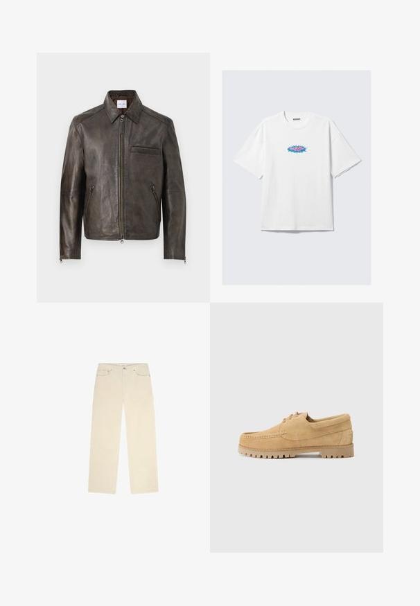 Pruun nahkjakk, millel on lukuga eesmine osa, nööbiga kaelus ja üks rinnatasku. Omab lukuga küljetaskuid ja siledat tekstuuri.; Valge puuvillane T-särk, millel on ülikergete lõige, esitades esil osas värvilise graafilise disaini roosa ja sinise kombinatsiooniga. Ümar kaelus, lühikesed varrukad.; Beige puuvillane kangas, sirge jala disainiga, kaks eesmist taskut ja õrn ribakujuline tekstuur. Metallist detailide aktsendid.; Kohvade suede kingad, millel on mokassiini disain, ümmargune varvas, paelad ja paks, tekstureeritud kummist tall, millel on mustrimuster.