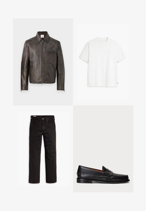 Bruine leren jas met een ritssluiting aan de voorkant, knoopkraag en één borstzak. Bevat ritssluitingen aan de zijzakken en heeft een gladde textuur.; Witte katoenen T-shirt met korte mouwen, ronde hals en subtiele Levi's logo gedrukt in het midden. Zachte textuur en standaard pasvorm.; Zwarte recht gesneden denim jeans met vijf zakken, knoopsluiting en riemlussen, plat gelegd op een witte achtergrond.; Zwarte leren instapper met een ronde neus, gestikte details en een decoratieve band aan de voorkant. Platte zool met een minimaal profiel.