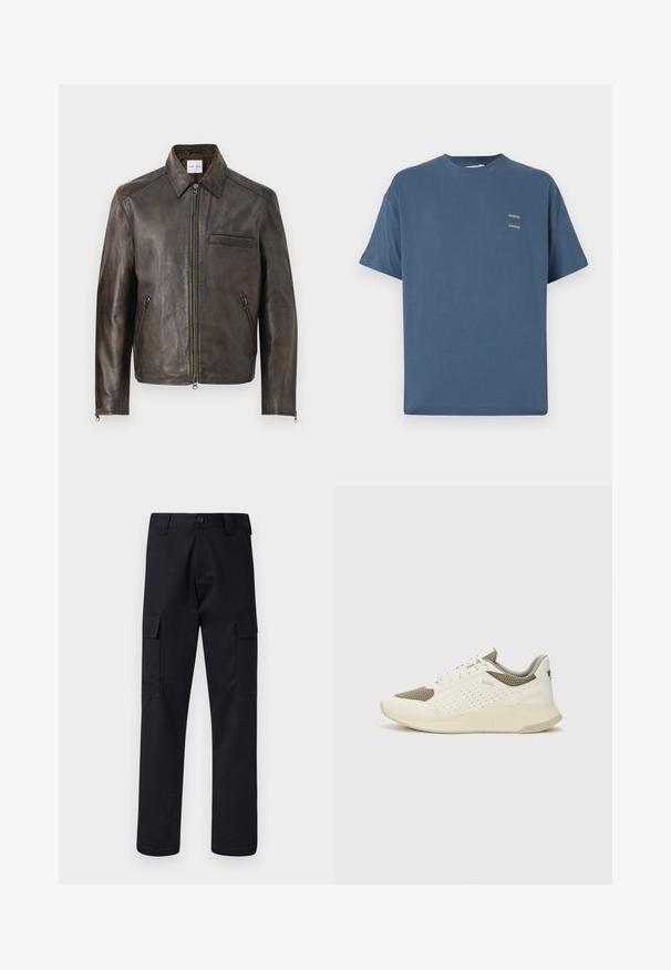 Braune Lederjacke mit Reißverschluss vorne, Druckknopfkragen und einer Brusttasche. Verfügt über Reißverschlusstaschen an den Seiten und eine glatte Textur.; Helles blaue Baumwoll-T-Shirt mit klassischem Rundhalsausschnitt, kurzen Ärmeln, lockerem Schnitt und zwei kleinen bedruckten Logos auf der Brust. Glatte Oberfläche.; Schwarze Cargo-Hose aus robustem Stoff, mit geradem Bein, zwei Seitentaschen und einem Knopfverschluss am Bund.; Weiße und hellbeige Sport Sneakers, ausgestattet mit einem Obermaterial aus Netzgewebe, perforierten Details und einer strukturierten Zwischensohle mit Branding an der Ferse.