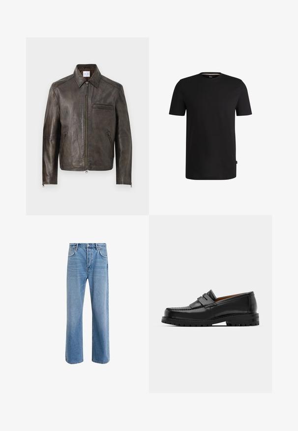Brązowa skórzana kurtka z zamkiem z przodu, z zatrzaskowym kołnierzem i jedną kieszenią na piersi. Posiada zamknięte kieszenie boczne oraz gładką fakturę.; Czarny krótki rękaw t-shirt wykonany z gładkiej bawełny z okrągłym dekoltem. Posiada subtelną metkę marki po lewej stronie w pobliżu dolnego brzegu.; Jasnoniebieskie dżinsy o prostym kroju, pięć kieszeni, zapięcie na guzik, minimalne blaknięcia i kontrastowe wykończenia szwów.; Czarne skórzane mokasyny mają wyraźny szew, dwa dekoracyjne paski na górze oraz grubą, teksturowaną podeszwę dla lepszej przyczepności.