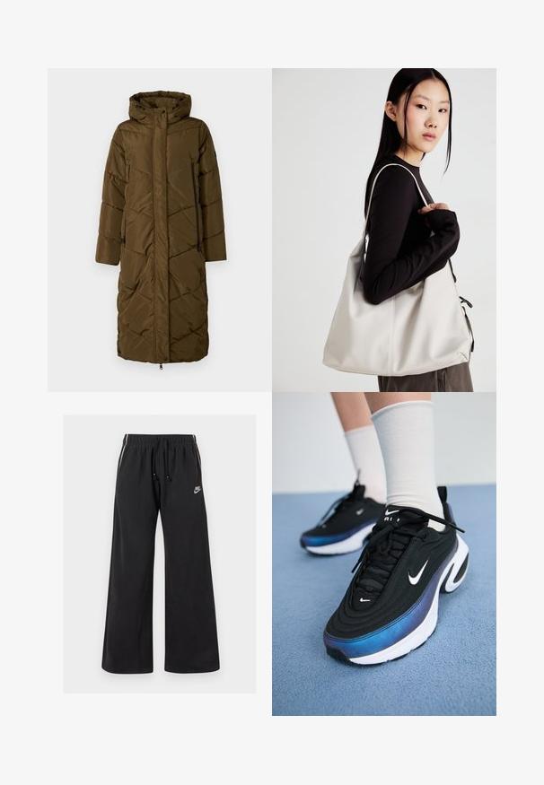 Dolga temno olivna puhovka s kapuco. Opremljena je z diagonalnim šivom, sprednjim zadrgo in dvema stranskima žepoma z zadrgo.; Komplet treh majic s kratkimi rokavi v črni, sivi in beli barvi. Izdelane iz bombaža, z okroglim izrezom in preprostim, enobarvnim dizajnom.; Črne trenirke iz mehkega materiala, z elastičnim pasom in vrvico, stranskimi črtami ter majhnim logotipom na sprednji levi strani.; Črne Nike športne copate z gladkim zgornjim delom iz tkanine, ki imajo gradientni dizajn od modre do črne, belo podplat in izrazite logotipne akcenta.; Bežna torbica iz mehkega materiala, z ohlapno zasnovo, šivi in dvema naramnicama. Primerna za vsakodnevno uporabo.