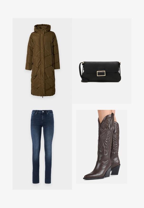 Lang, donkergroene donzen jas met een capuchon. Kenmerken zijn een diagonaal gestikt patroon, een ritssluiting aan de voorkant en twee zijzakken met ritsen.; Witte mouwloze tanktop van ribstof, met een ronde halslijn en een aansluitende pasvorm, met minimale naden en zonder versieringen.; Donkerblauwe skinny jeans van denim, met een klassieke vijf-pocketontwerp, knoopsluiting en subtiele vervaging op de dijen.; Bruine leren cowboylaarzen met een spitse neus en blokhak, voorzien van gedetailleerde stiksels en verhoogde accenten op de schacht.; Zwarte leren clutch met een klep en een gouden metalen sluiting. Inclusief een zwarte schouderband en een slank, minimalistisch ontwerp.; Zilveren creolen met een gedraaide ontwerp, voorzien van een gepolijste afwerking en een post-back sluiting. Meet ongeveer 3 cm in diameter.