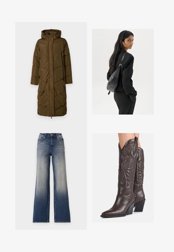 Langer dunkler Oliven-Puffermantel mit Kapuze. Verfügt über ein diagonales Steppmuster, eine vordere Reißverschlussöffnung und zwei seitliche Taschen mit Reißverschluss.; Weißes ärmelloses Tanktop aus geripptem Stoff, mit rundem Ausschnitt und figurbetonter Silhouette, minimalen Nähten und ohne Verzierungen.; Hochtaillierte, weit geschnittene Jeans in hellblau bis dunkelblauem Denim mit Ausbleichungen, ausgestattet mit einem Knopfverschluss und Gürtelschlaufen. Sauberer Saum und keine sichtbaren Verzierungen.; Braune Leder-Cowboy-Stiefel mit spitzem Punkt und Blockabsatz, die über detaillierte Stickereien und hervorgehobene Akzente am Schaft verfügen.; Frau mit langen dunklen Haaren, die einen schwarzen Anzug trägt und eine schwarze Lederschultertasche hält, schaut über ihre Schulter vor einem weißen Hintergrund.