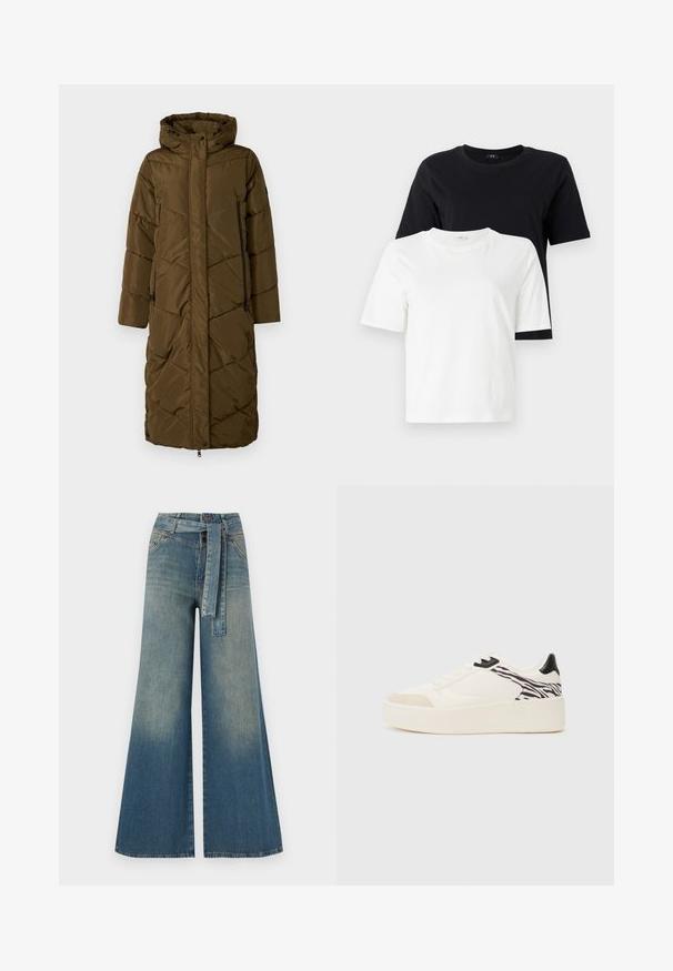 Cappotto imbottito lungo di un verde oliva scuro con cappuccio. Presenta un motivo a rombi diagonali, chiusura frontale con zip e due tasche laterali con zip.; T-shirt di cotone in bianco e nero. Collo rotondo, maniche corte, vestibilità comoda. La maglietta nera è posizionata sopra la maglietta bianca.; Pantaloni in denim a gamba larga con una sfumatura che va dal blu chiaro al blu scuro, vita alta, passanti per cintura e una cintura in tessuto coordinato. Finitura in denim strutturato.; Even&Odd Sneakers basse - white/black