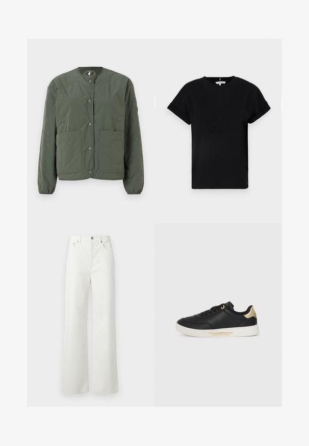 Green quilted jacket with a round neckline, snap button closure, two front pockets, and textured wave pattern on the fabric.; Black cotton t-shirt with rolled short sleeves, featuring an embossed logo in the center and a small flag accent on the side.; Samsøe Samsøe SHELLY - Relaxed fit jeans - clear cream; Black leather sneaker with a smooth texture, white rubber sole, gold accents on the heel and eyelets, featuring a logo on the side.