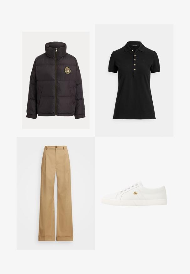 Juoda pūsta striukė su aukštu apykakle, auksiniu užtrauktuku, siuvinėtu logotipu ant krūtinės ir struktūruotu siūtu dizainu su šoninėmis kišenėmis.; Juoda polo marškinėliai iš tekstūruotos medžiagos, turintys apykaklę, trumpas rankoves ir apatinę dalį su auksiniais mygtukais. Švelnus logotipo detalė ant krūtinės.; Šviesiai rudos plačios kojinės kelnės su mygtuko uždarymu, pasižyminčios lygia medžiaga ir prispaustomis raukšlėmis. Kantai yra su apvadu, suteikiančiu papildomą detalę.; Lauren Ralph Lauren JANSON II CANVAS SNEAKER - Sportbačiai - optic white