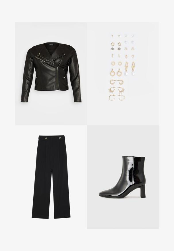 Jachetă de motocicletă din piele neagră, cu un design ajustat, fermoar asimetric și accente din metal argintiu. Dispune de epauleți la umeri și buzunare cu fermoar.; Două cămăși negre cu mâneci lungi și decolteu în V, fabricate dintr-un material moale și elastic, cu o textură netedă și o formă ajustată.; Pantaloni negri cu picioare largi, talie înaltă, detalii cu butoane pe talie și pliseuri în față.; Botine negre din piele lacuită, cu vârful ascuțit și toc bloc de înălțime medie. Textură netedă și design minimalist.; Set de cercei aurii, cu diverse designuri, inclusiv cercei tip stud, cercei hoop și cercei lungi cu perle și strassuri.
