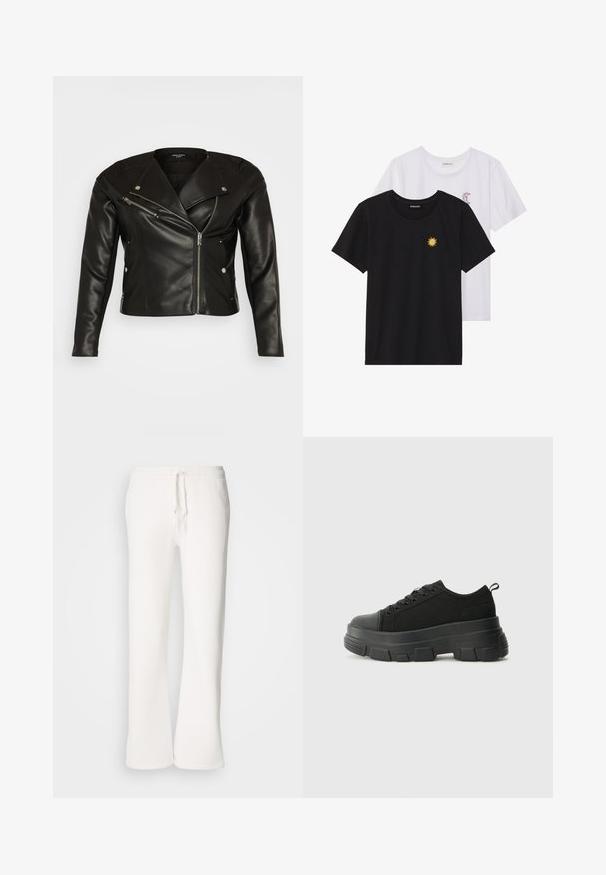 Melnas ādas motocikla jaka ar piegulošu dizainu, asimetrisku rāvējslēdzēju un sudraba aksesuāriem. Iekļauj plecu epauletes un kabatas ar rāvējslēdzējiem.; Melnbaltie t-krekli, ar apaļu kaklu, īsām piedurknēm. Melnais krekls ar dzeltenu saules izšuvumu; baltais ar purpursarkanu mēness akcentu.; Baltas, brīvi pieguļoši sporta bikses, izgatavotas no mīkstas auduma, ar elastīgu jostu un aukliņu, kā arī taisna kāju dizainu.; Melnas kedas ar masīvu gumijas zoli, teksturētu auduma augšdaļu, apaļu purngalu un saistīšanas dizainu. Iekļautas pastiprinātas acs atveres un aizmugurējais cilpiņas siksniņa.