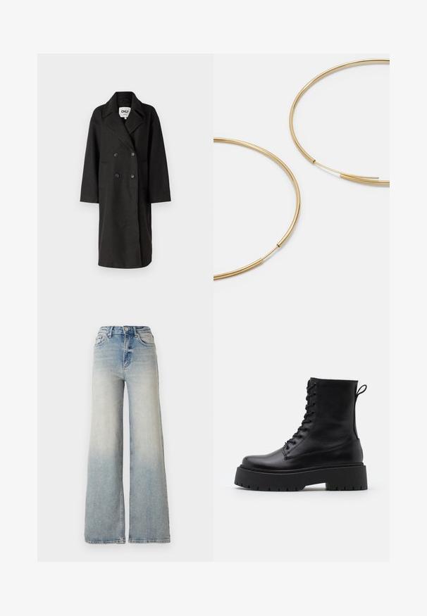 Melnā divrindu mētelis ar iegrieztiem atloka galiem, garām piedurknēm, divām priekšējām kabatām un brīvu piegriezumu. Izgatavots no mīksta, teksturēta materiāla.; Vero Moda VMNEWCREAM FUNNELNECK PULLOVER - Džemperis - black/birch; Gai zilu platā kāja džinsi, kas izgatavoti no denima, ar augstu jostasvietu, piecām kabatām un redzamu dūrienu gar šuvēm.; Melni ādas potītēm zābaki ar apļveida purngalu, auklām priekšpusē un biezu gumijas zoli ar teksturētu protektoru. Velkšanas cilpa aizmugurē.; Zelta krāsas auskari gredzena formā, plāni un apaļi, ar gludu metāla apdari un bez rotājumiem vai zīmējumiem.