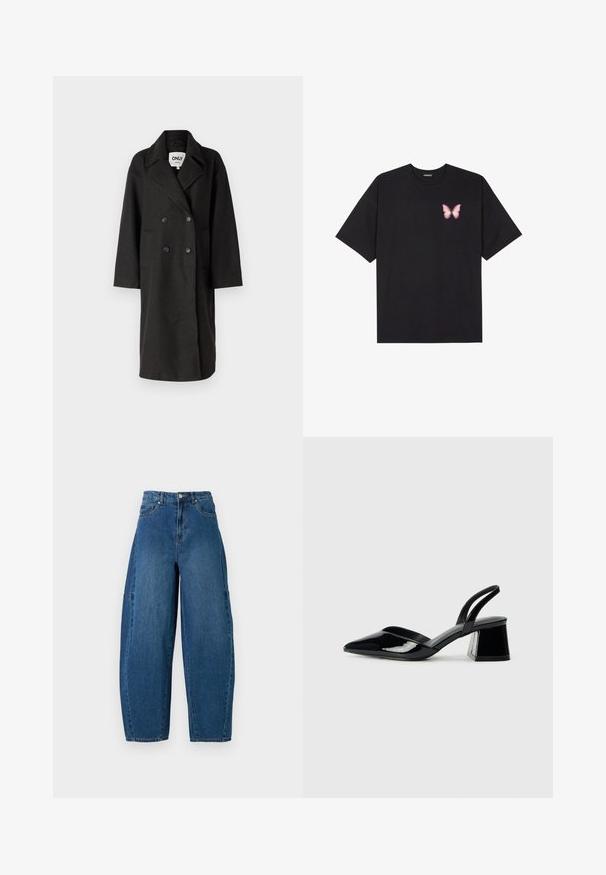 Svart dobbelspent frakk med noterte slag, lange ermer, to frontlommer og en avslappet passform. Laget av et mykt, strukturert materiale.; Svart bomulls T-skjorte med korte ermer, med en liten rosa sommerfugl grafikk på venstre bryst. Crew-neck design med en avslappet passform.; Denimjeans i en middels blå vask, med høy midje, vide ben og standard fem-roms design med synlige sømdetaljer.; Svarte patentlær slingback hæler med spiss tå og geometrisk blokk hæl. Har et stilrent, minimalistisk design og jevn tekstur.