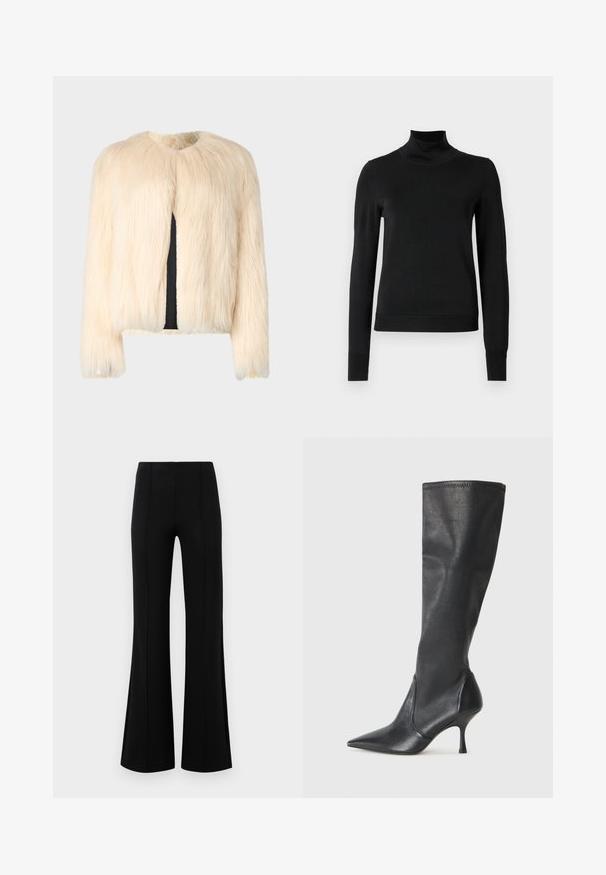 The Kooples Žieminė striukė - ecru; Juoda ilgomis rankovėmis turtleneko tipo megztinis su rebruotomis rankovėmis ir apačia, eksponuojamas ant paprasto balto fono.; Juodos plačios kelnės su aukštu liemeniu, pagamintos iš tamprios medžiagos. Priekinėje dalyje yra vertikalūs siūlų akcentai ir lygus paviršius.; Juodų odinių batų iki kelių su smailiu pirštu ir plonu stiletto kulnu. Lygus paviršius, pritaikytas dizainas ir siuvimas viršutiniame krašte.