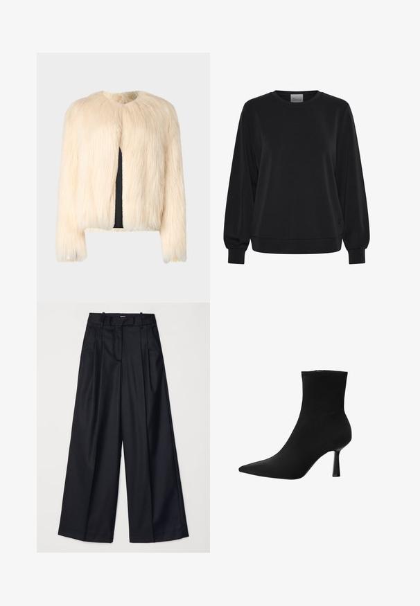 The Kooples Zimní bunda - ecru; Černá mikina s dlouhými rukávy, kulatým výstřihem a žebrovanými manžetami. Disponuje hladkou texturou a diskrétním logem na přední straně.; Černé kalhoty s širokými nohavicemi vyrobené z hladkého materiálu, s vysokým pasem, sklady a přizpůsobeným střihem. Jednoduché černé kování v pase.; Černá kotníková bota vyrobená z hladké textilie, s špičatou špičkou a úzkým stiletto podpatkem, s bezešvým designem a bez viditelného kování.