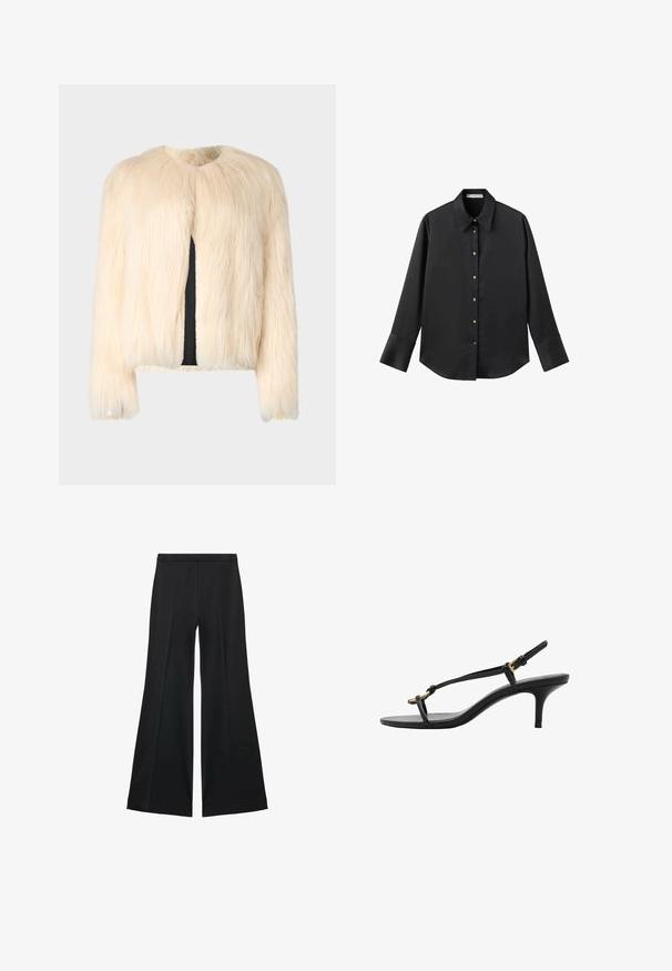 The Kooples Winter jacket - ecru; Black long-sleeve shirt in smooth fabric, featuring a classic collar, front button closure with gold-tone buttons, and wide cuffs.; Black wide-leg pants with a smooth texture, featuring front pleats and a tailored design. The fabric is lightweight and flowy.; Black leather kitten heel sandal with thin straps, gold buckle, and minimalist toe loop on a white background.