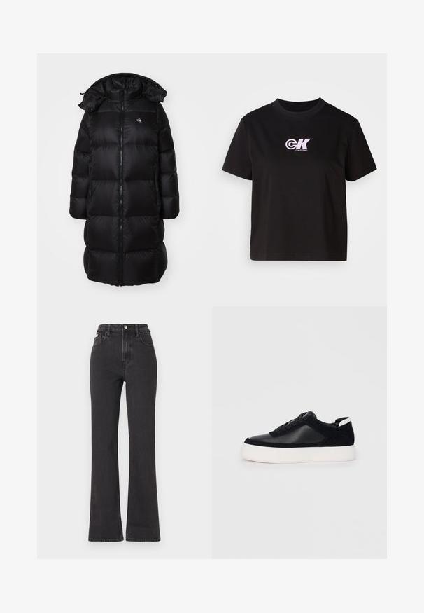 Svart puffjacka med huva, med dragkedja fram, kviltade partier och en liten logotyp på vänster bröst. Tillverkad av ett slätt, glänsande material.; Svart bomull t-shirt med rund hals och korta ärmar. Har en vit och rosa "CK" logga på övre vänstra bröstområdet.; Svarta högmidjade utsvängda jeans i denim, med knappknäppning, bältesöglor och sidofickor. Slät textur med minimal urtvättning.; Svart sneaker med slät läder- och mockapaneler, platta snören, rundad tå och en vit gummisula. Distinkt logotyp på hälen.