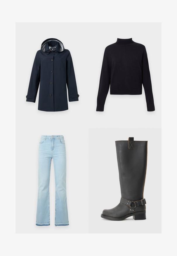 Capa de chuva azul-marinho com capuz, apresentando fecho de botão, bolsos laterais e um forro interior às riscas. Tecido liso e resistente à água.; Sweater preto de gola alta com mangas longas, feito de um material de malha suave, apresentando um comprimento cropped e golas e punhos canelados.; Jeans flare azul claro feitos de denim, com uma cintura alta, bolsos frontais e uma bainha desgastada nas bainhas para um look casual.; Bota preta de couro até ao joelho com um acabamento texturizado, apresentando um detalhe de fivela lateral e um salto baixo. Costura detalhada ao longo das costuras.
