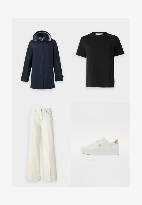 Mornarsko modra dežna jakna s kapuco, z gumbom za zapiranje, stranskimi žepi in črtastim notranjim oblogom. Gladka, vodoodporna tkanina.; Črna majica s kratkimi rokavi iz mehkega bombaža, ki ima okroglo izrezovanje, udoben kroj in gladko teksturo. Brez vidnih vzorcev ali grafike.; Široke bele kavbojke so narejene iz mešanice bombaža. Imajo zadrgo, pet žepov in šive vzdolž šivov.; Bele usnjene športne copate z gladko teksturo, belimi vezalkami, zlatim poudarkom na peti in diskretno logotipom na strani. Ravna gumijasta podplat.