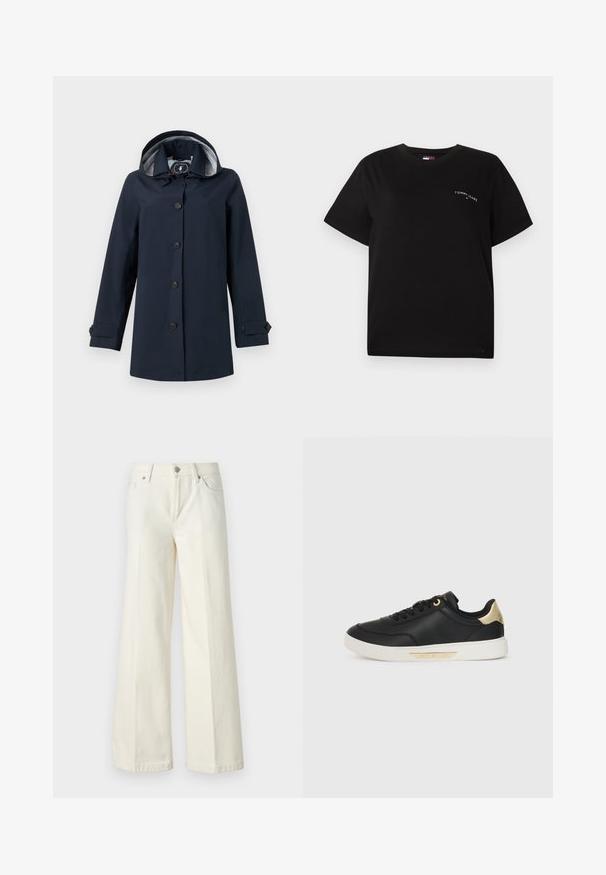 Marinen blå regnjakke med hætte, der har knaplukning, sidelommer og stribet indvendig foring. Glat, vandafvisende stof.; Sort kortærmet t-shirt lavet af bomuld med rund hals og et lille hvidt logo på venstre brystområde. Enkel, afslappet pasform.; Videbenede hvide jeans lavet af en blanding af bomuldsstof. Har en lynlås i fronten, fem lommer og syninger langs sømmene.; Sort lædersneaker med en glat overflade, hvid gummisål, guldaccenter på hælen og øjet, med et logo på siden.