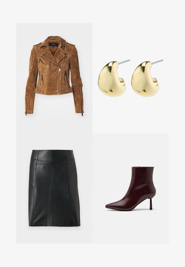 Smeđa antilop kožna jakna za motocikl s skraćenim dizajnom, asimetričnim zatvaračem i više džepova s patentnim zatvaračem. Sadrži srebrni hardver i kragnu.; Crni pleteni pulover s uzorkom plamena u bijeloj i crvenoj boji, s okruglim izrezom i rebrastim manžetama i donjim rubom. Skraćeni kroj, mekana tekstura.; Crna kožna suknja s prilagođenim dizajnom. Glatka tekstura, šavovi koji oblikuju siluetu i ravni rub. Minimalistički i elegantan izgled.; Bordo lakirana čizma do gležnja s oštrim vrhom i uskim stiletto potplatom, s glatkom, sjajnom teksturom i minimalističkim dizajnom.; Zlatne naušnice s glatkim, zaobljenim oblikom koje imaju reflektirajuću površinu i sistem kopčanja na stražnjoj strani za sigurno nošenje.