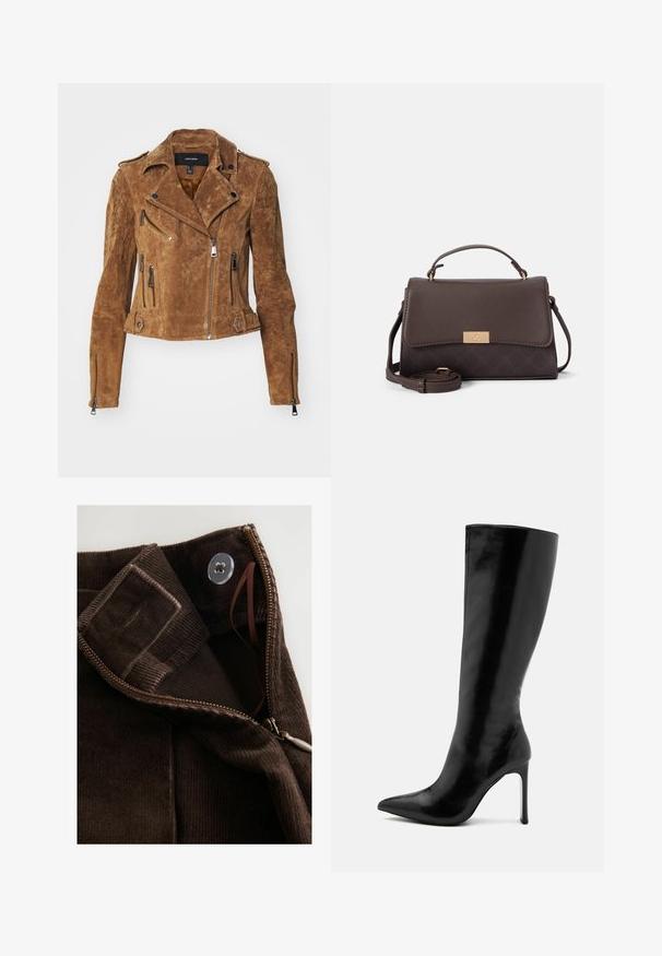 Pruunist nobedast nahast mootorratturi jakk, millel on lühendatud disain, asümmeetriline lukuga sulgemine ja mitmed lukuga taskud. Omab hõbedast riistvara ja kraed.; Mustem turtleneck-sviiter, mis on valmistatud kerge kudumiskangast. Omab pikki varrukaid, slim-fit lõiget ja pehmet soonikut.; Pruun korduroy kangas, millel on sile tekstuur, varustatud tõmbluku, nupuga sulgemise ja sisemise klapiga kindlaks kinnitamiseks.; Mustad põlvekõrgune saabas, mis on valmistatud läikivast nahast, terava varba ja peene kõrge kontsaga. Sile tekstuur ja minimalistlik disain.; Pruun kunstnahast käsipagas, millel on struktureeritud disain, eemaldatav õlarihm ja kuldse tooni lukustussüsteem. Alusel on tekstureeritud muster.