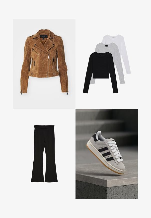 Ruda suedinginė motociklininko striukė su trumpa iškirpte, asimetriška priekinė užtrauktuko uždarymo sistema ir kelios užtrauktukinės kišenės. Apsaugoti sidabro spalvos detalėmis ir apykakle.; Trijų ilgomis rankovėmis marškinėlių krūva: juodas, pilkas ir baltas. Kiekvienas turi apvalų iškirpimą ir trumpą dizainą, pagamintas iš lygaus, lengvo audinio.; Juodos flared tipo legginsai, pagaminti iš tamprios medžiagos. Yra platus juosmuo ir lygus paviršius, su prie kūno priglundančiu siluetu, kuris pločiasi ties apatine dalimi.; adidas Originals CAMPUS 00S W - Sportbačiai - crystal white/core black/off white