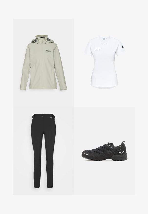 Giacca impermeabile grigia chiara con cappuccio, dotata di zip frontale e cordini regolabili. Logo visibile sul lato sinistro del petto.; Maglietta atletica bianca a maniche corte con colletto rotondo, dotata di un logo sul petto e una texture di tessuto liscia e leggera.; Pantaloni neri aderenti realizzati in materiale flessibile. Presentano una tasca laterale con zip, ginocchia articolate e una texture liscia.; Scarpe da trekking nere con tomaia in tessuto testurizzato, sistema di allacciatura e suola in gomma robusta. Accentuate da dettagli riflettenti e loghi.