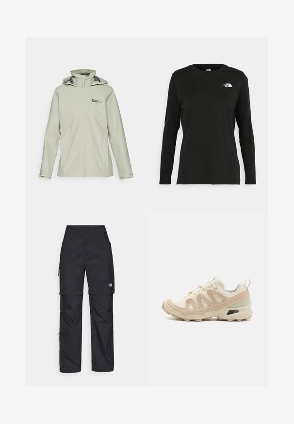 Lys grå vanntett jakke med hette, med frontglidelås og justerbare snorer. Logo vist på venstre bryst.; Svart langermet T-skjorte laget av bomull med rund hals. Har en liten hvit logo på venstre brystområde. Enkelt design og passform.; Svarte nylon cargo-bukser med glidelås og justerbare mansjetter, flere lommer og en logo på høyre bein. Glatt, lett tekstur.; Beige og krem joggesko med teksturert mesh-overdel, støttende overlegg og gummisåle med et mønster for godt grep.
