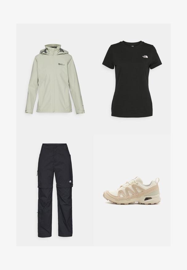 Jasnoszara wodoodporna kurtka z kapturem, z przednim zamkiem błyskawicznym i regulowanymi sznurkami. Logo wyeksponowane na lewej klatce piersiowej.; Czarna bawełniana koszulka z okrągłym dekoltem i krótkimi rękawami. Wyróżniające się białe logo na górnej lewej stronie. Gładka tekstura, luźny krój.; Czarne nylonowe spodnie cargo z odpinanymi nogawkami, regulowanymi mankietami, wieloma kieszeniami oraz logo na prawej nogawce. Gładka, lekka tekstura.; Beżowe i kremowe buty sportowe z teksturowanej siateczki, wspierającymi nakładkami oraz gumową podeszwą z wzorem bieżnika zapewniającym przyczepność.