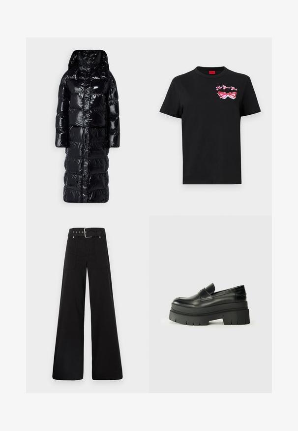 Černá péřová bunda s lesklým povrchem, do kolen, s oversized kapucí a širokými rukávy. Má horizontálně prošívané části a přední zip.; Černé bavlněné tričko s krátkými rukávy, které má na levé straně hrudi růžovou grafiku slunečních brýlí a text "Nejsem tvoje holka".; Černé široké kalhoty vyrobené z bavlny, s vysokým pasem, velkými bočními kapsami a opaskem s kovovými akcenty v barvě stříbra.; Černé kožené loafers s robustní platformovou podrážkou. Kulatá špička, přední šev a jemné akcenty prošití. Plochá, texturovaná podrážka.